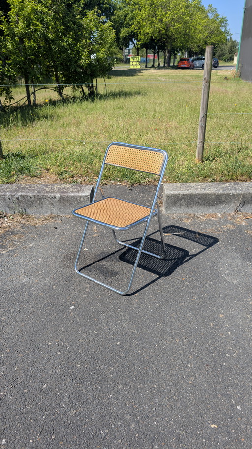Chaise pliante cannée et acier chromé dans le goût de Castelli, Vintage