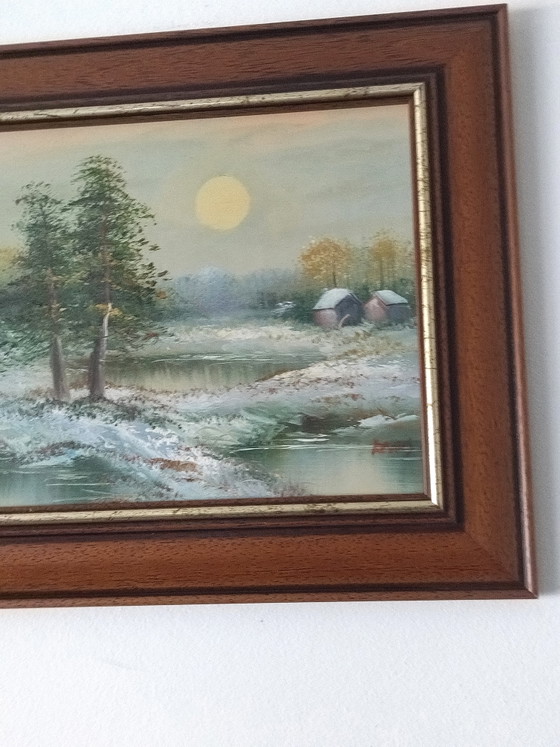 Image 1 of Dipinto vintage degli anni '70/'80, paesaggio invernale, olio su tela, cornice in legno.