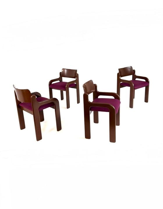 4x restored ‘Flamingo’ chairs, Eero Aarnio ‘70s, Asko, Dining chairs, Wood, Wool, Brown (photo 4 of 13)