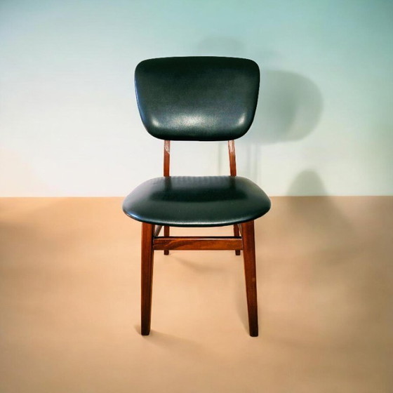 Image 1 of 4 x vintage teakhouten eetkamerstoelen met echt leren (zwarte) bekleding