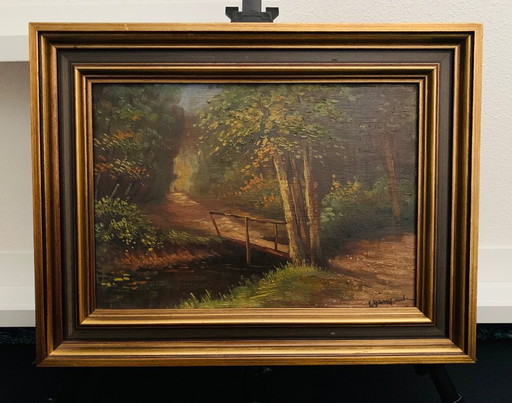Tableau unique signé, pont dans la forêt. Avec cadre en bois.