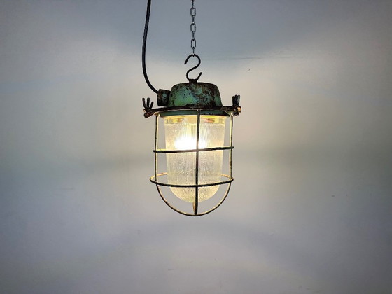 Image 1 of Green Industrial Soviet Bunker Pendant Light with Iron Grid, 1960s