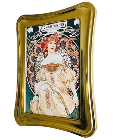 Image 1 of Dipinto vintage Art Nouveau di Alphonse Mucha Cornice in ottone Champenois degli anni '60