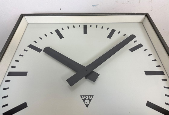 Image 1 of Large Square Industrial Double-Sided Factory Hanging Clock from Pragotron, 1970s