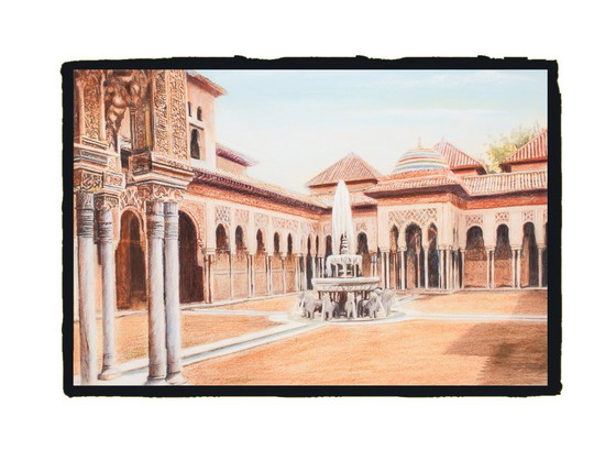 Image 1 of Drawing of the Alhambra. Court of the Lions. Alhambra painting. Painting of the Court of the Lions. New.