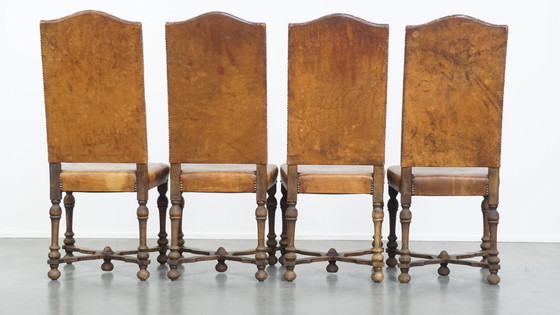 Image 1 of 4 x Sedia da pranzo antica in legno e pelle di pecora