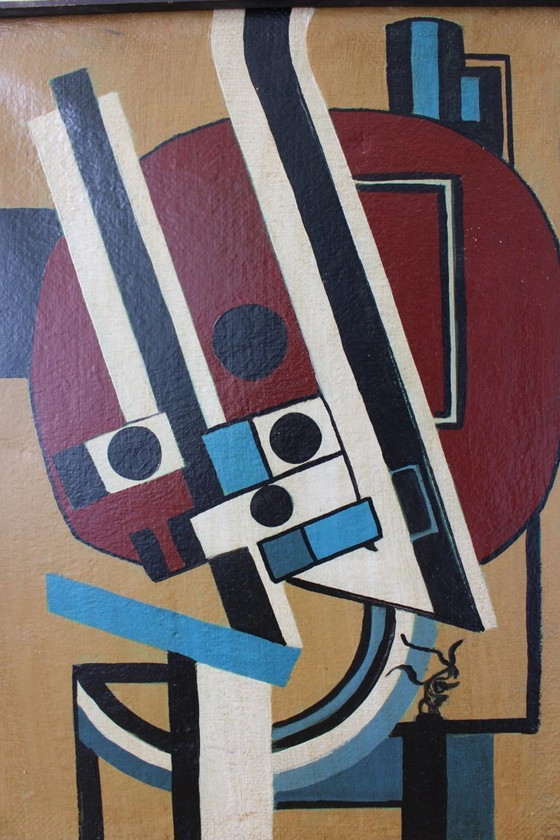 Image 1 of Composition mécanique abstraite vintage – Peinture à l'huile de style géométrique audacieux signée F. Léger