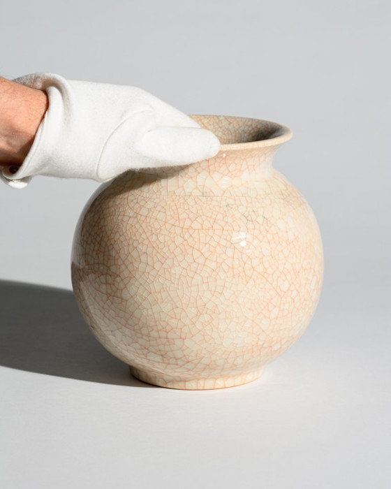 Image 1 of German Art Deco Crackle Glaze Ceramic Vase Duo Fürst Adolf Werkstätten Bückeburg