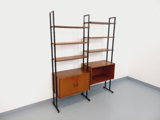 Vintage Italian double modular bookcase in teak and metal from the 1960s