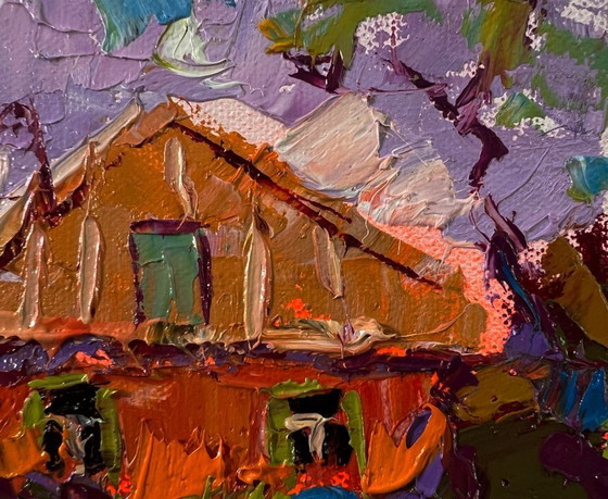 Image 1 of Original Oil Painting Summer Village Landscape Sunset Behind The Clouds