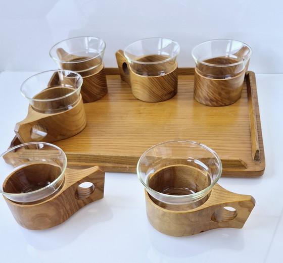 Image 1 of Vintage tea service, tea set, wooden cups + Jena glass Schott, 1960, with tray