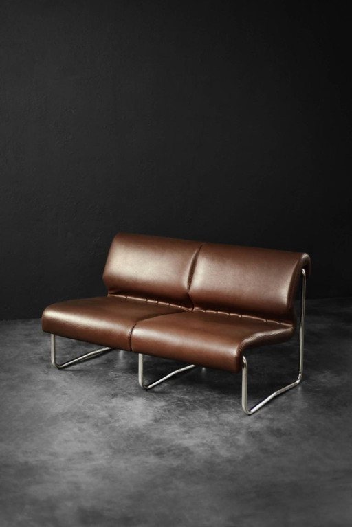 Vintage Mid-Century German Modern 2-Sitzer mit braunem Stahlrahmen Lounge Sofa, 1970er Jahre