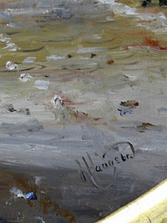 Image 1 of Large framed urban scene oil painting on wood by John Haanstra, vintage