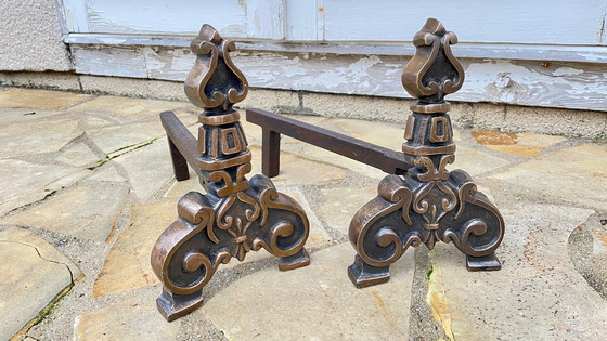 Image 1 of Massive Brass And Vintage Steel Andirons