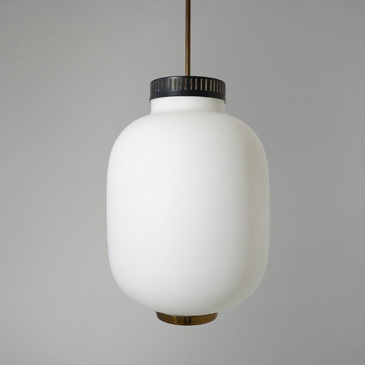 Chandelier in white opaline glass and brass, 1950s