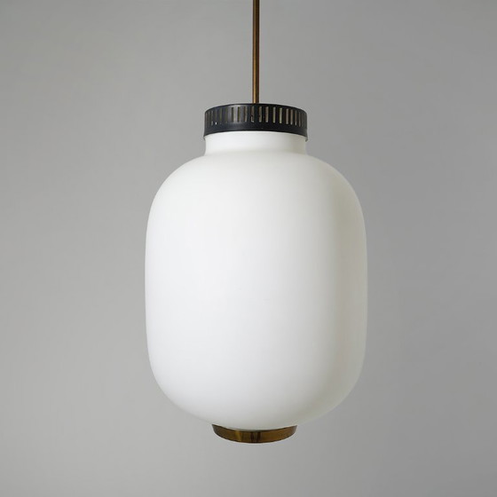 Image 1 of Chandelier in white opaline glass and brass, 1950s