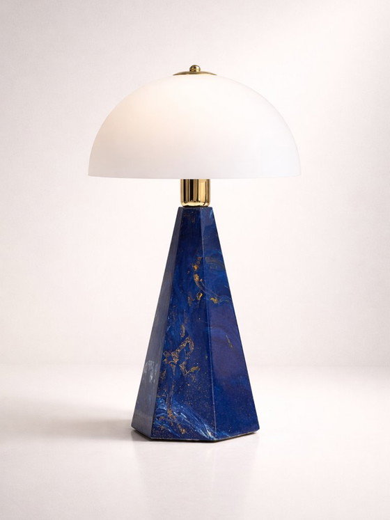 Set of 2 Italian 'Prisma' Table Lamps, Blue Marble & Opal Glass, Postmodern circa 2000 (photo 3 of 5)