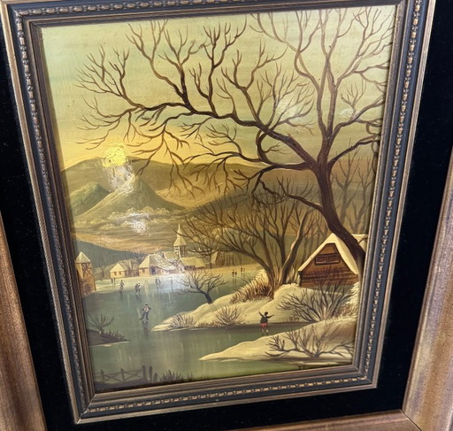Pintura al óleo original – Paisaje invernal con patinadores – schilderijen tekeningen, Other (photo 2 of 5)