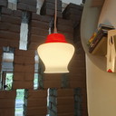 Vintage pendant lamp in opaline glass with red shade – renewed wiring – 60s/70s