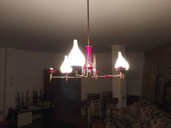 Image 1 of Vintage hanglamp van rood metaal en glas uit de jaren 50