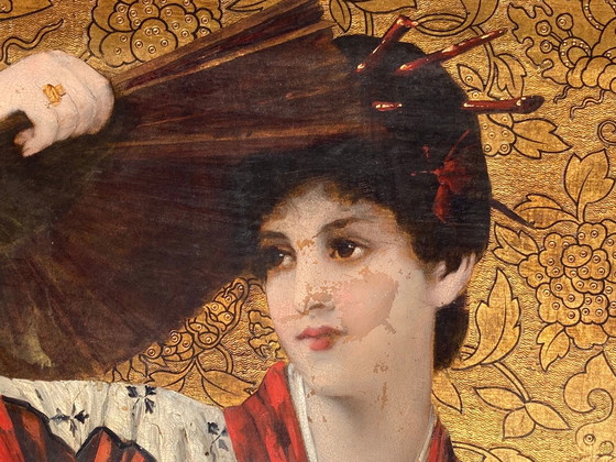 Image 1 of Art Nouveau Painting On Embossed Leather By Conrad Kiesel