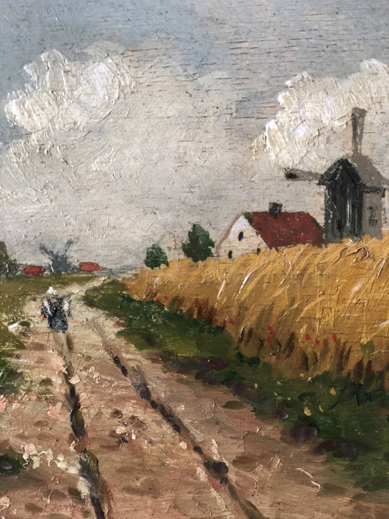Image 1 of Peinture à l'huile originale vintage représentant un paysage de cottage : œuvre d'art encadrée