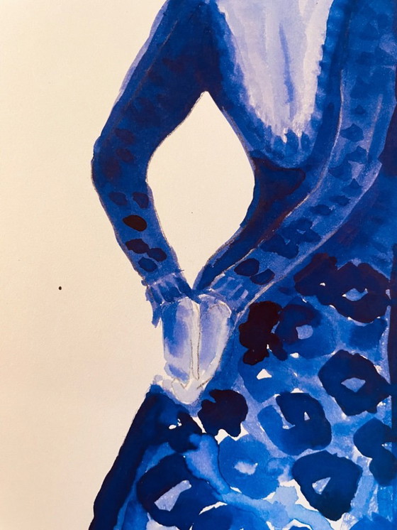 Image 1 of Monochrome indigo blue watercolor portrait of a woman "in a dress"