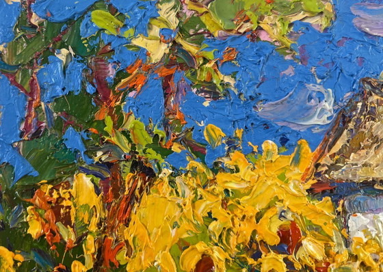 Image 1 of Original Oil Painting Summer Flowers Landscape House and Sunflowers