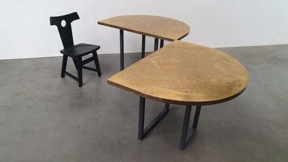 Image 1 of Large brass design table oval modular - raw steel wabi sabi