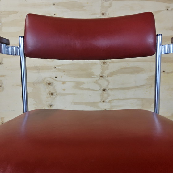 Image 1 of Set of 2 Vintage red leatherette and chrome design chairs with armrests (1950s / 1950s)