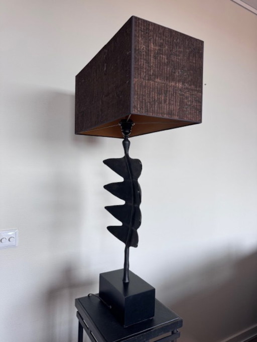 Porta Romana Giacometti Leaf table lamp, lightly patinated, with shade.