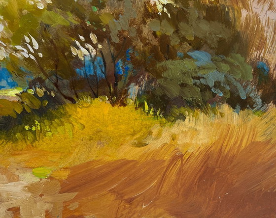 Image 1 of Original Oil Painting Autumn Field Landscape The Road to the Golden Fields