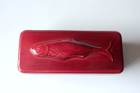 Image 1 of Vis pot Haring pot Matjestopf Keramiek bordeaux-rood - Vintage