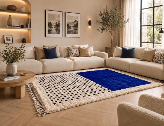 Alfombra bereber tradicional hecha a mano, azul y blanca, 2/3 m – Ahrend, Wool (photo 6 of 7)