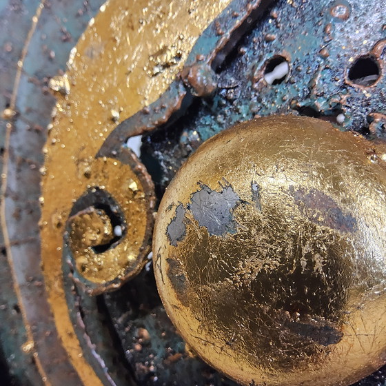 Image 1 of Unique large metal Thai art sculpture floor lamp with gold leaf accents / Chiang Mai / Chiang Rai Region