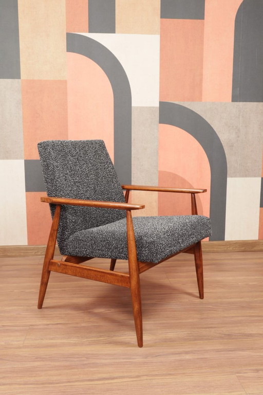 Fauteuil scandinave vintage noir bouclé, design milieu de siècle, 1960