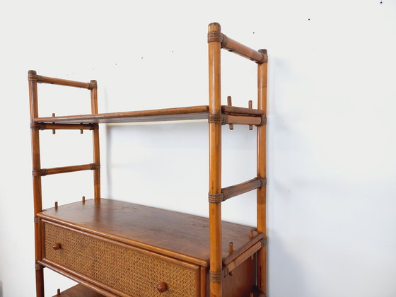Image 1 of Large Vintage Rattan, Wood and Cane Bookcase from the 70s