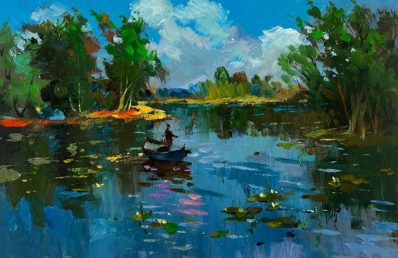 Image 1 of Original Oil Painting Summer River Landscape River carries a boat through silence