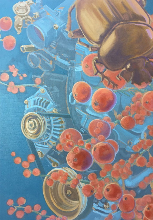 Baies rouges et machine, huile sur toile, 70x100 cm, Sandra Kolondam