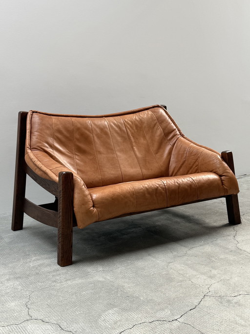 BRAZILIAN DESIGN 2-seater SOFA OAK WOOD COGNAC LEATHER IN THE STYLE OF MAISON REGAIN 1970s