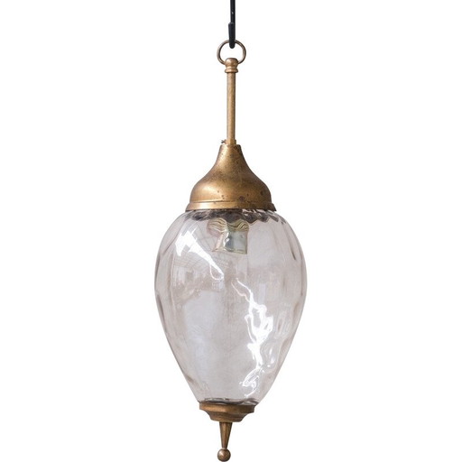 Lampada a sospensione vintage in ottone e vetro ondulato, Francia 1950