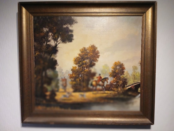 Image 1 of Large Hand-Painted Oil Painting – Hunting Scene with Horses & Dogs – 85 × 85 cm