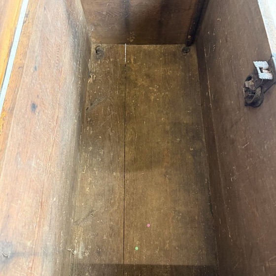 Baule antico dipinto di blu del 1871, Armadi contenitori, Legno, Metallo, Vintage (foto 11 di 15)
