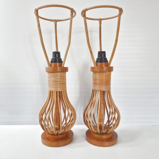 PAIR OF VINTAGE 1960S TABLE LAMPS IN RATTAN & BEECH 60S 1960S 1960s