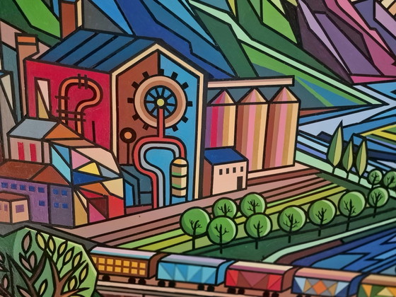 Large Colorful Painting 95 X 95 Cm – Industrial Landscape – Paintings & Drawings, Mdf (photo 4 of 5)