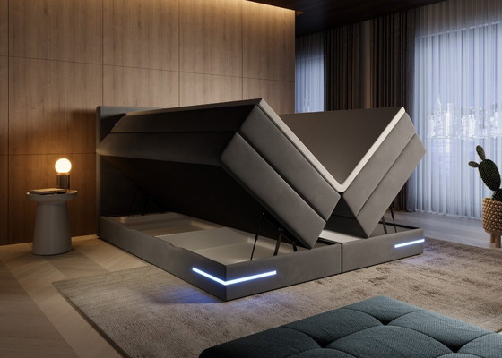 Image 1 of Detroit Box Spring with LED lighting, topper, and storage space 180x200