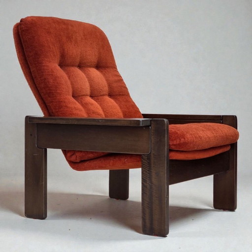 Deense fauteuil uit de jaren 70, oranje/rood meubelvelours, donker eikenhout.