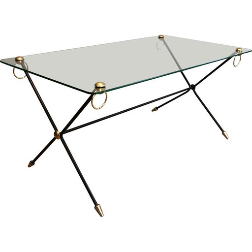 Mesa de centro vintage de metal lacado y latón de Jacques Adnet, 1950