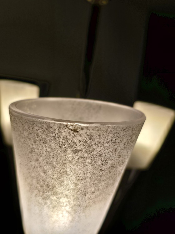 Image 1 of Vintage Mid-Century Brutalist Trumpet Horn Chandelier – Frosted Glass & Patinated Metal