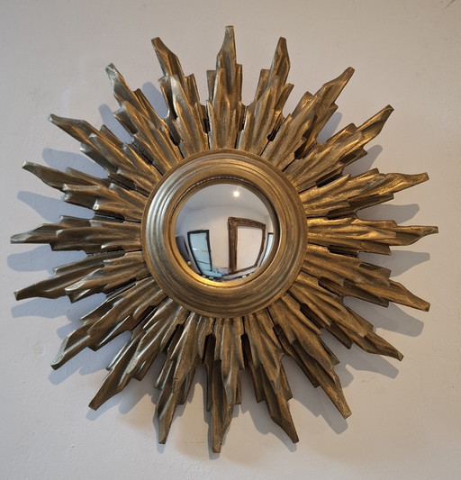 40 cm großer doppelstöckiger Sonnenspiegel aus Holz! Konvex. 1950.